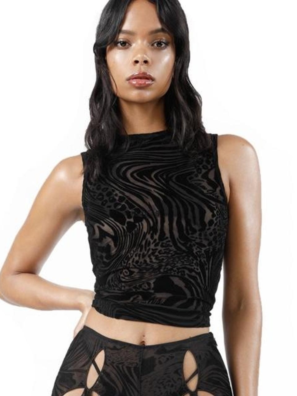 I.AM.GIA Black Sheer Swirl Mock Neck Crop Tank